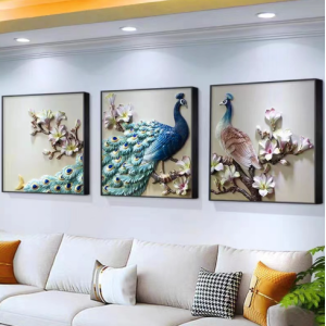 孔雀立體浮雕三聯壁畫